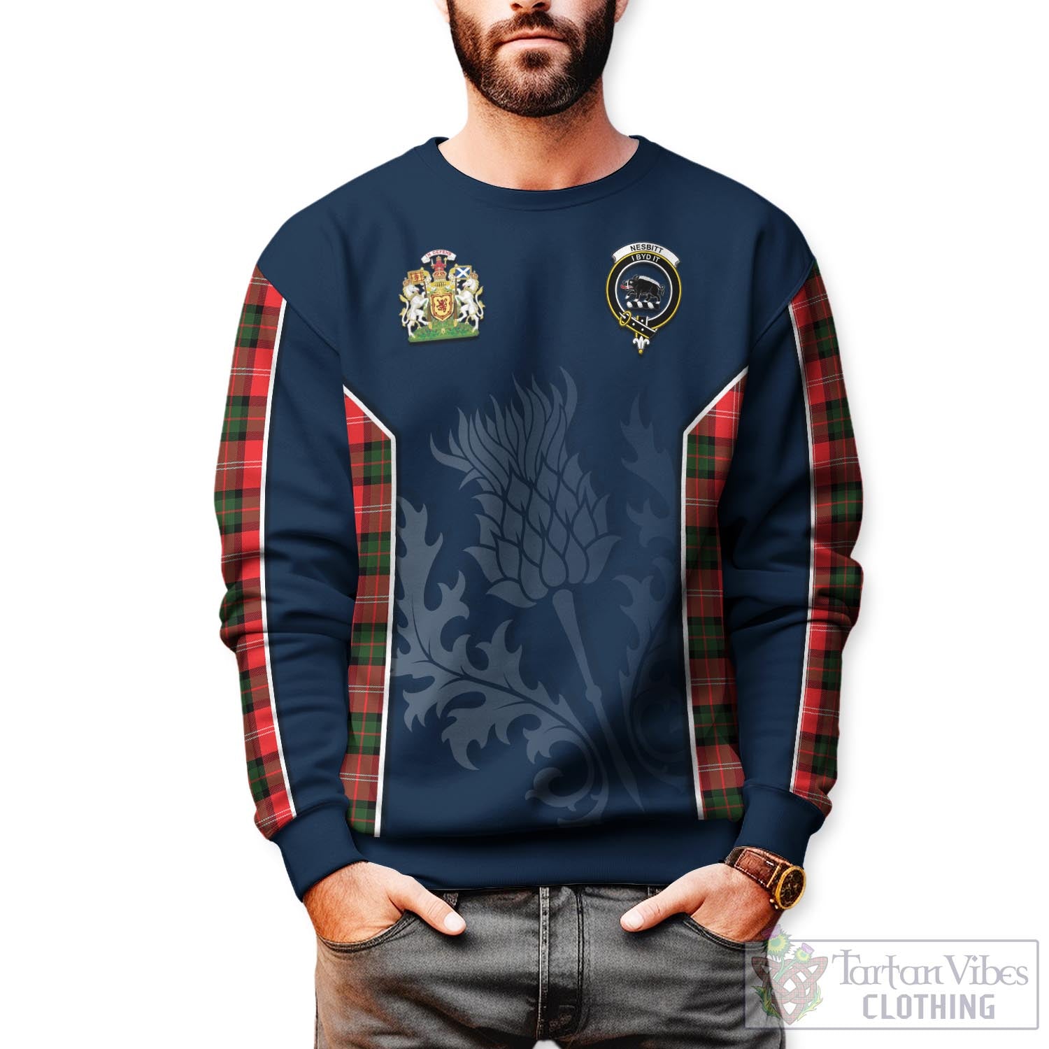 Tartan Vibes Clothing Nesbitt Modern Tartan Sweatshirt with Family Crest and Scottish Thistle Vibes Sport Style