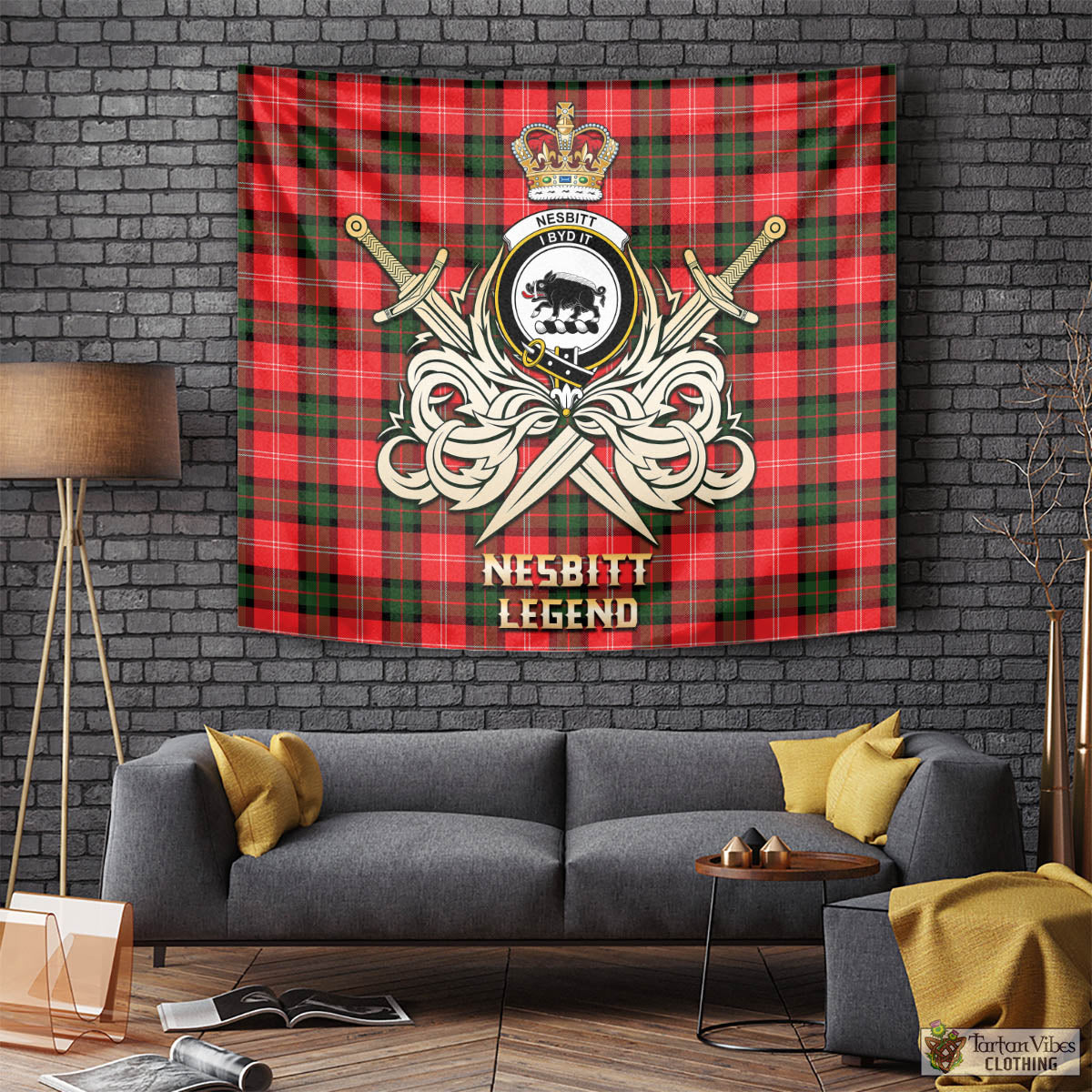 Tartan Vibes Clothing Nesbitt Modern Tartan Tapestry with Clan Crest and the Golden Sword of Courageous Legacy