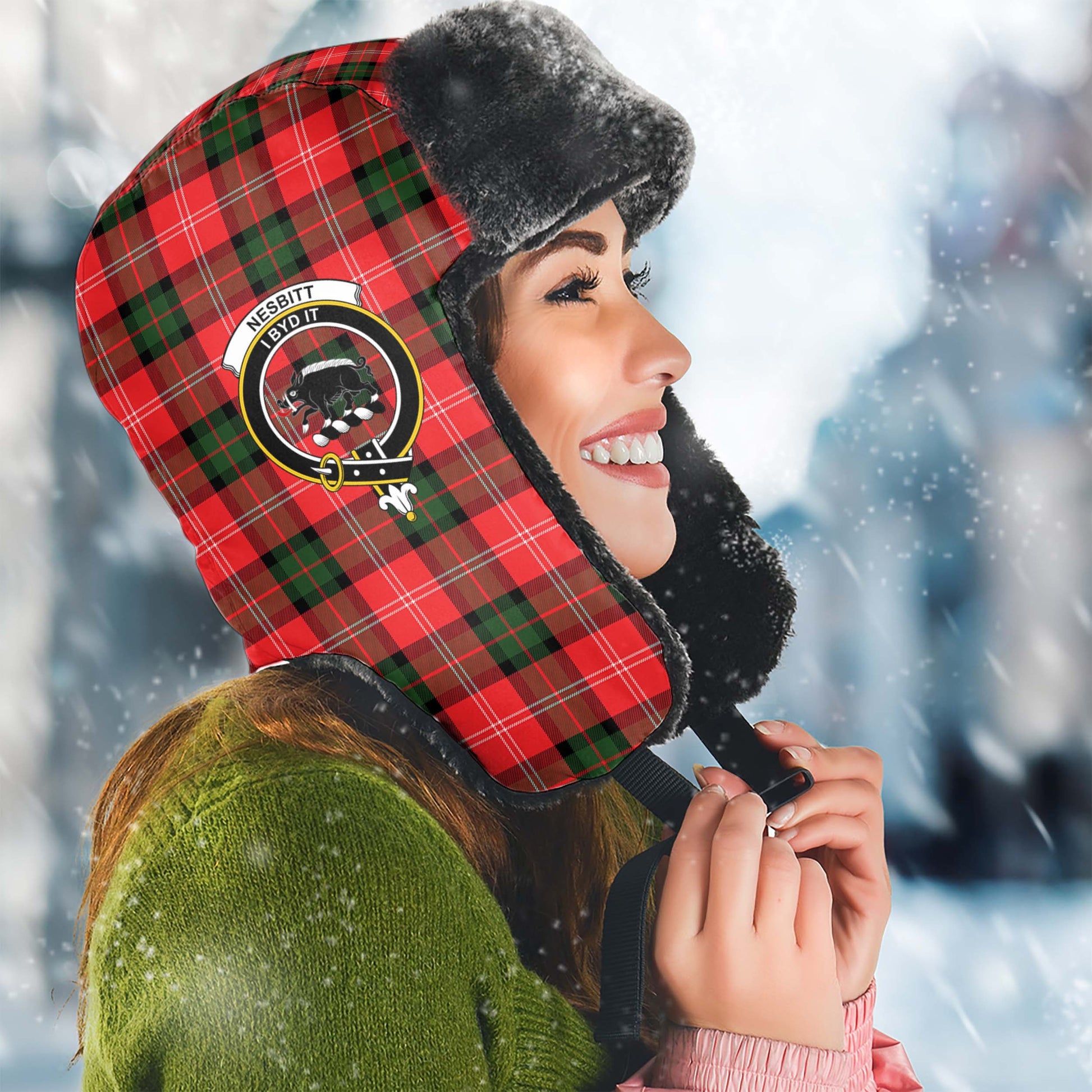 Nesbitt Modern Tartan Winter Trapper Hat with Family Crest Winter Trapper Hat Universal Fit Circumference 22.8in (58cm) - Tartanvibesclothing