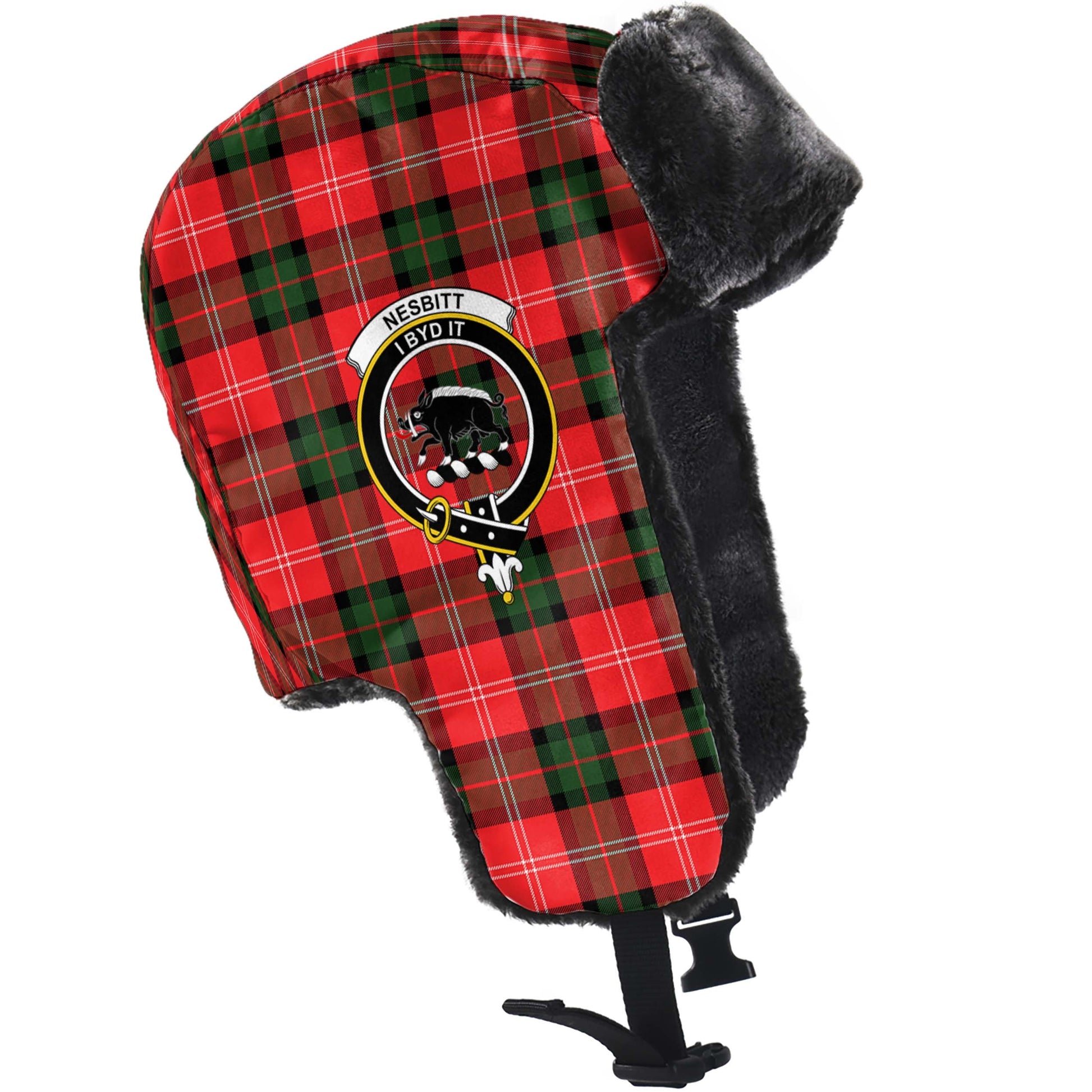 Nesbitt Modern Tartan Winter Trapper Hat with Family Crest - Tartanvibesclothing