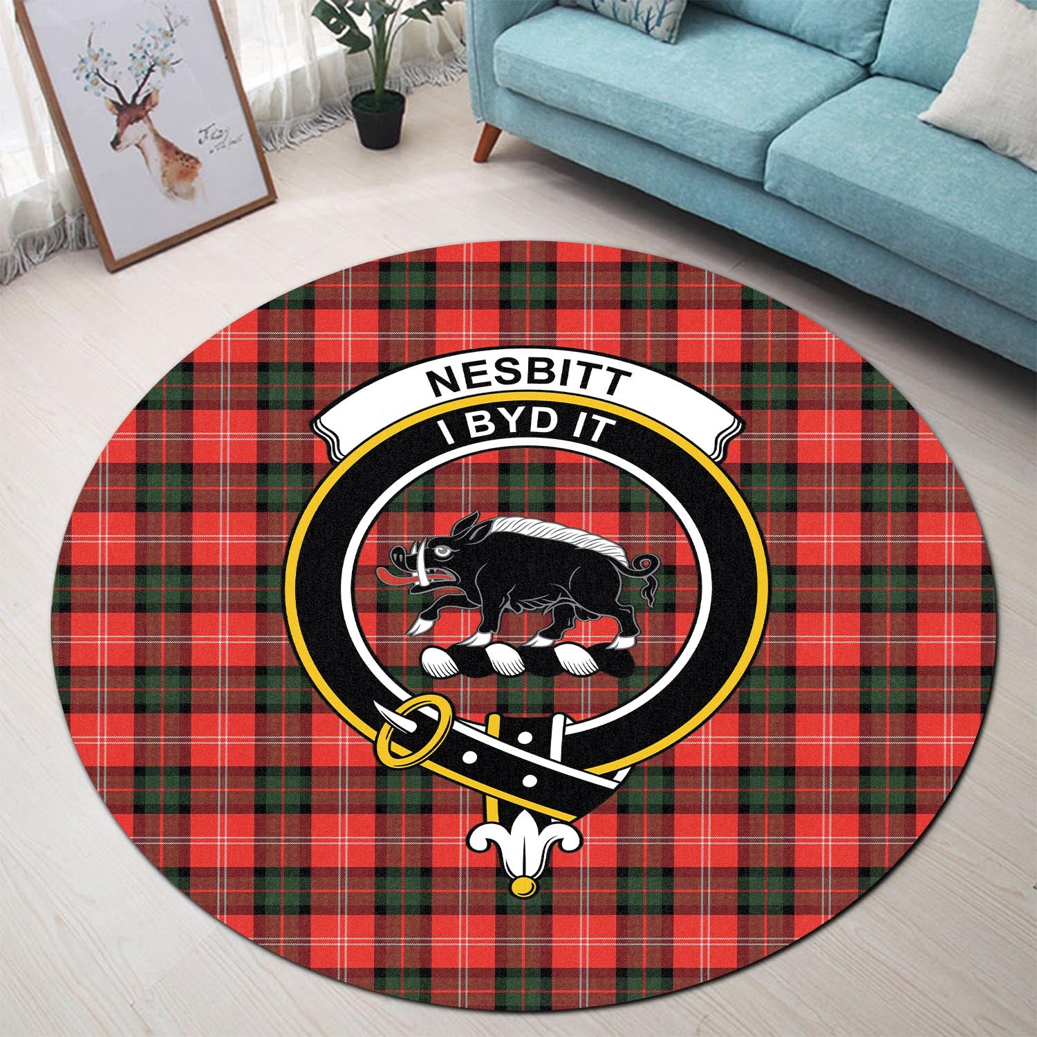 nesbitt-modern-tartan-round-rug-with-family-crest