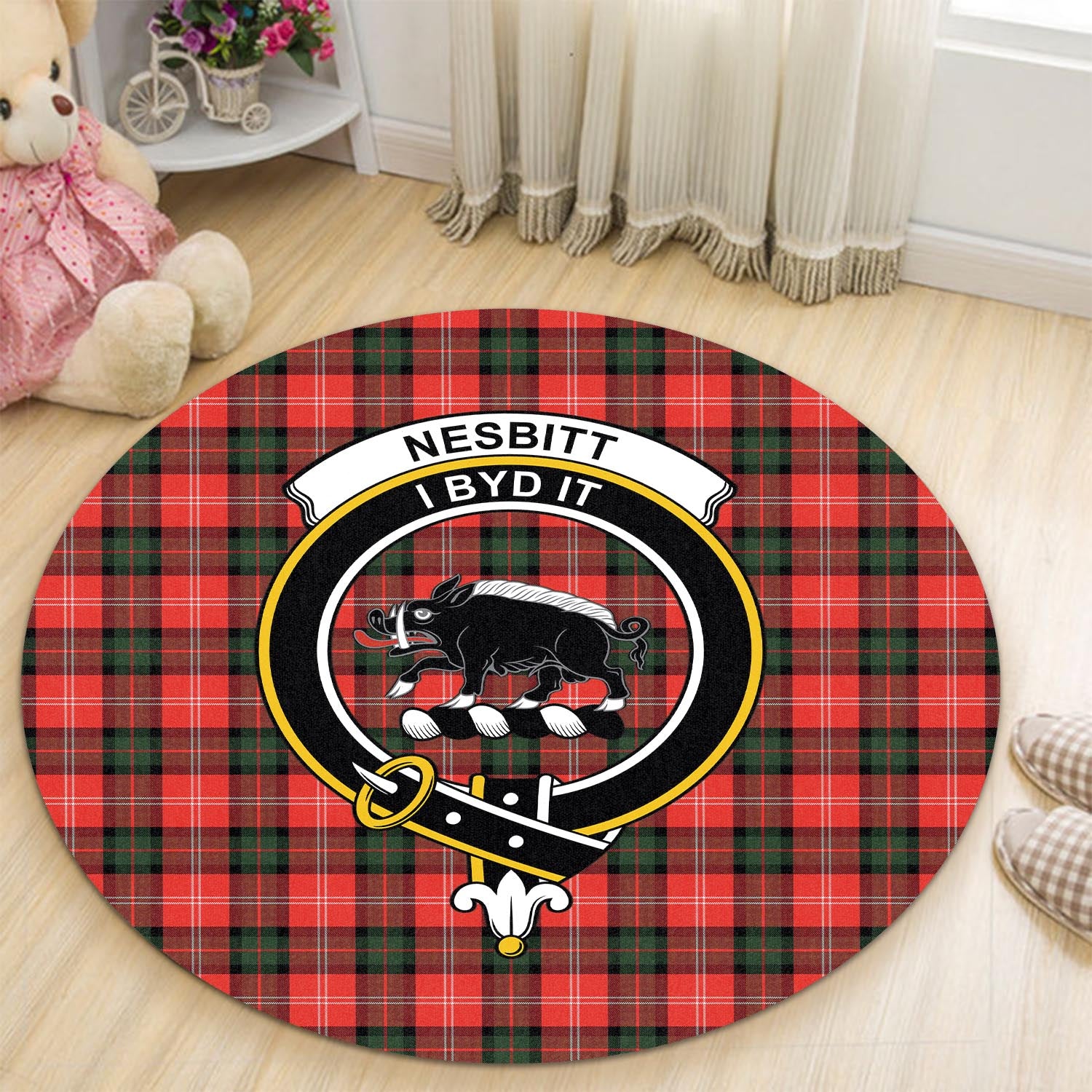 nesbitt-modern-tartan-round-rug-with-family-crest