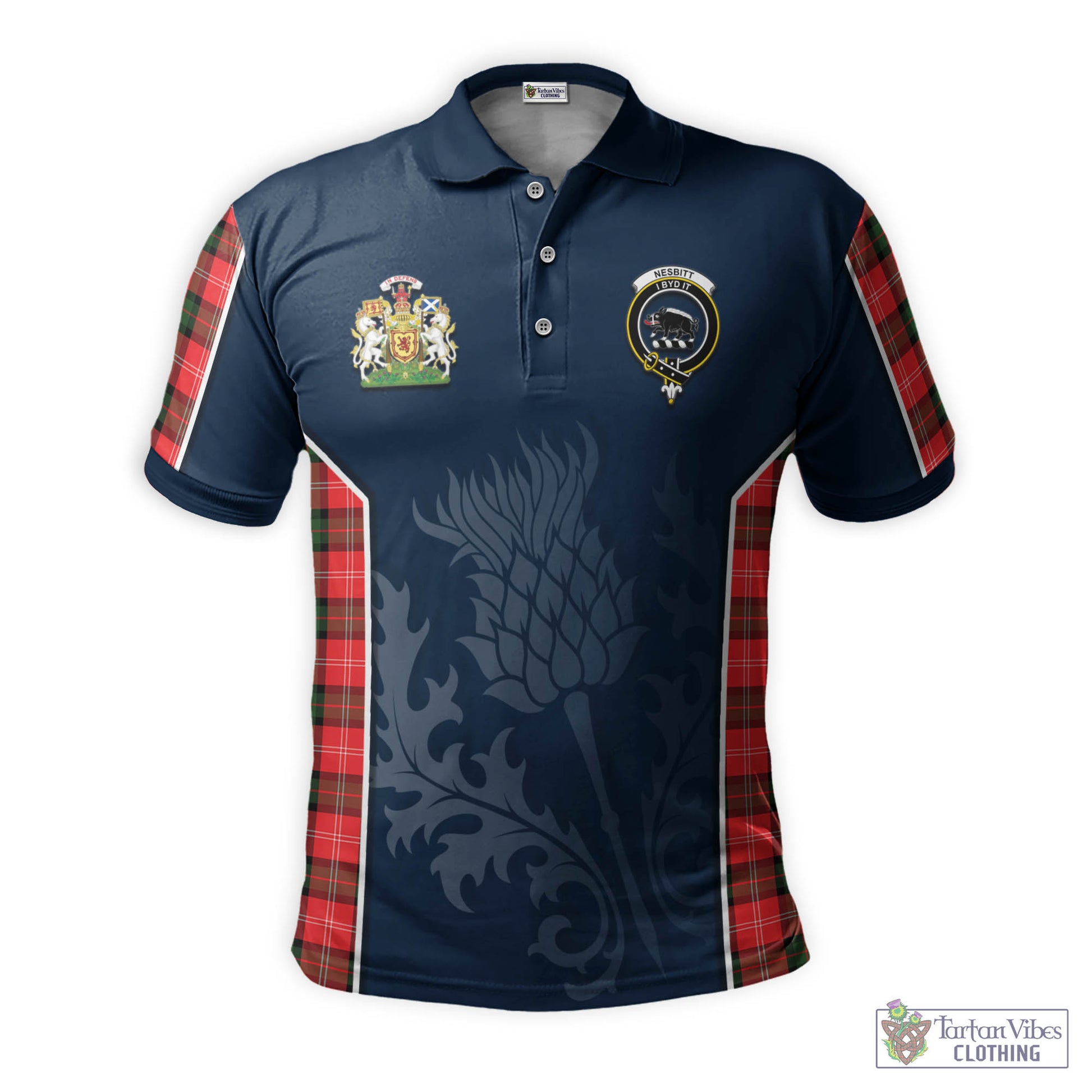 Tartan Vibes Clothing Nesbitt Modern Tartan Men's Polo Shirt with Family Crest and Scottish Thistle Vibes Sport Style