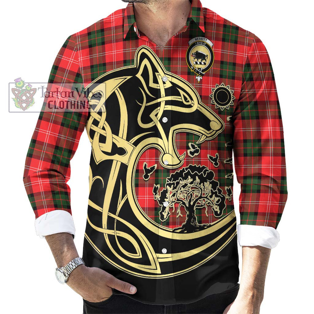 Nesbitt (Nisbet) Tartan Long Sleeve Button Shirt with Family Crest Celtic Wolf Style - Tartan Vibes Clothing