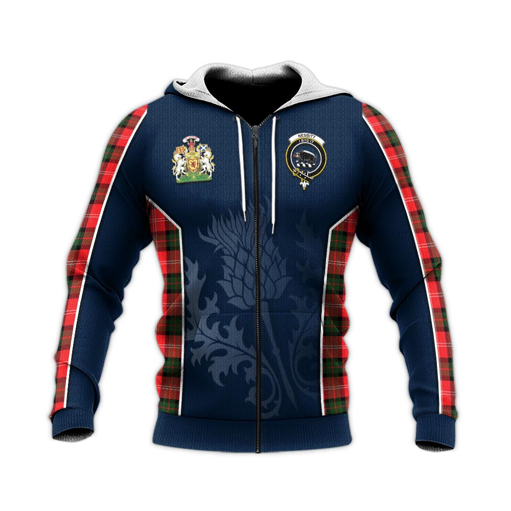 Tartan Vibes Clothing Nesbitt Modern Tartan Knitted Hoodie with Family Crest and Scottish Thistle Vibes Sport Style