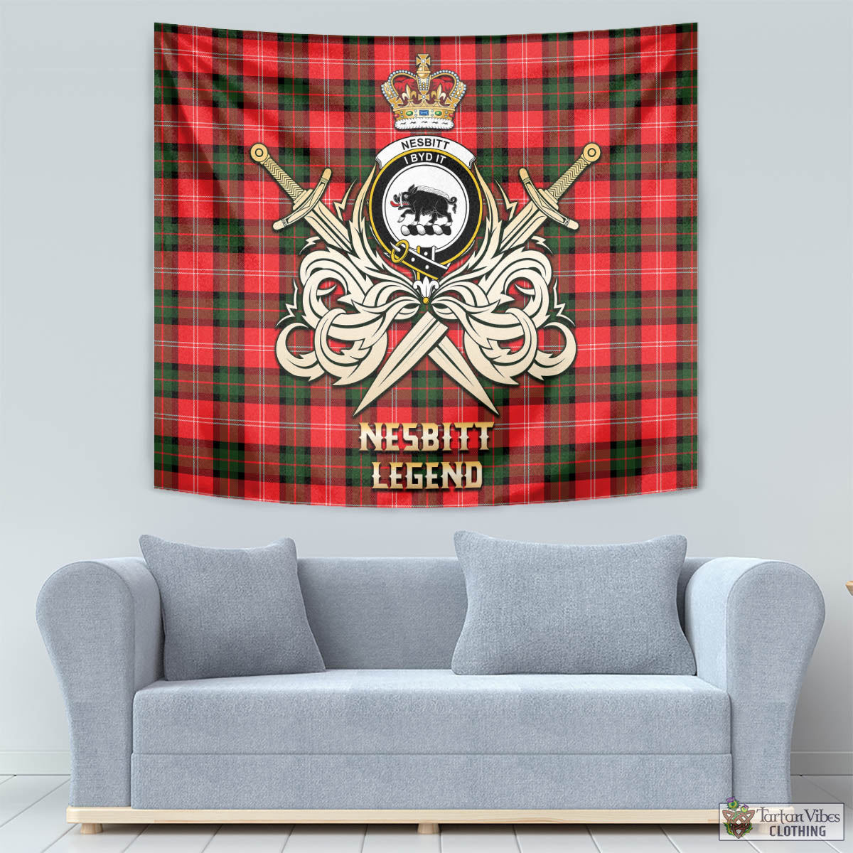 Tartan Vibes Clothing Nesbitt Modern Tartan Tapestry with Clan Crest and the Golden Sword of Courageous Legacy