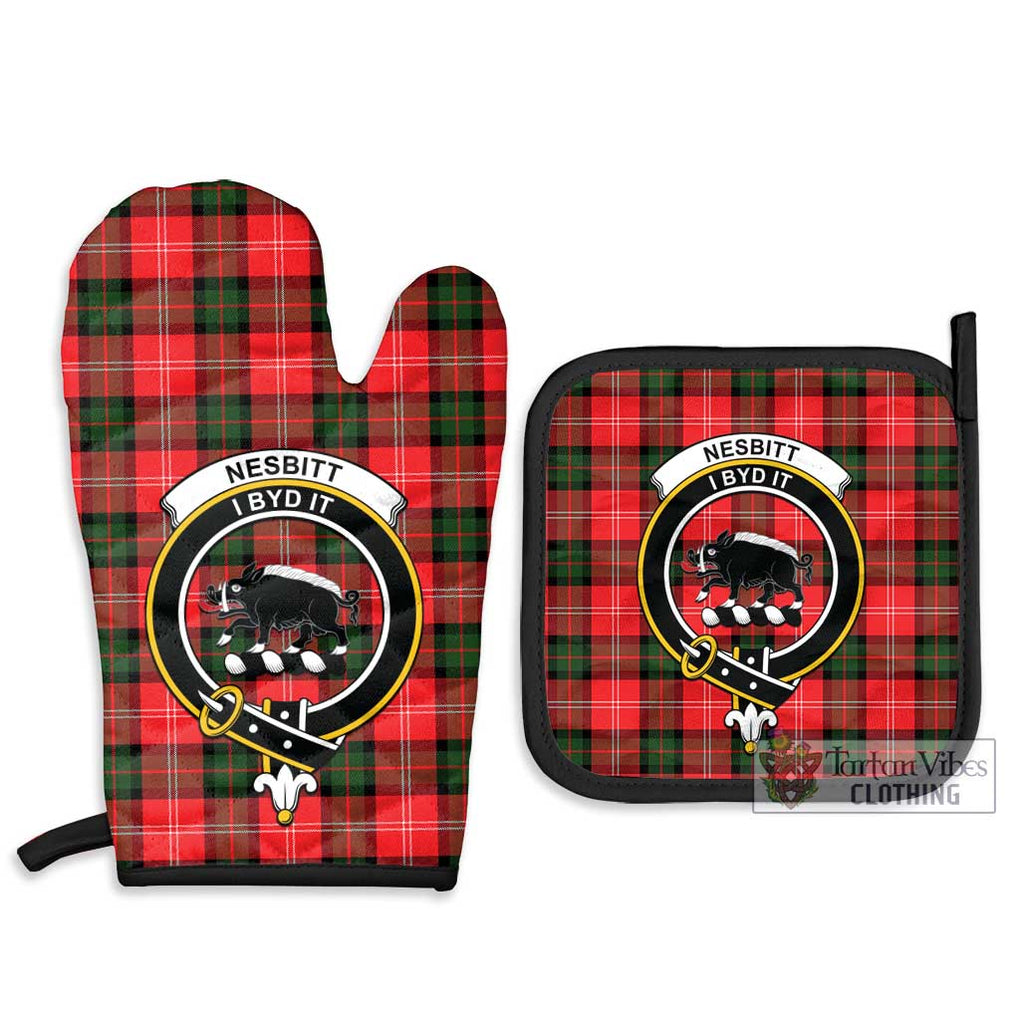 Nesbitt (Nisbet) Tartan Combo Oven Mitt & Pot-Holder with Family Crest Combo 1 Oven Mitt & 2 Pot-Holder Black - Tartan Vibes Clothing