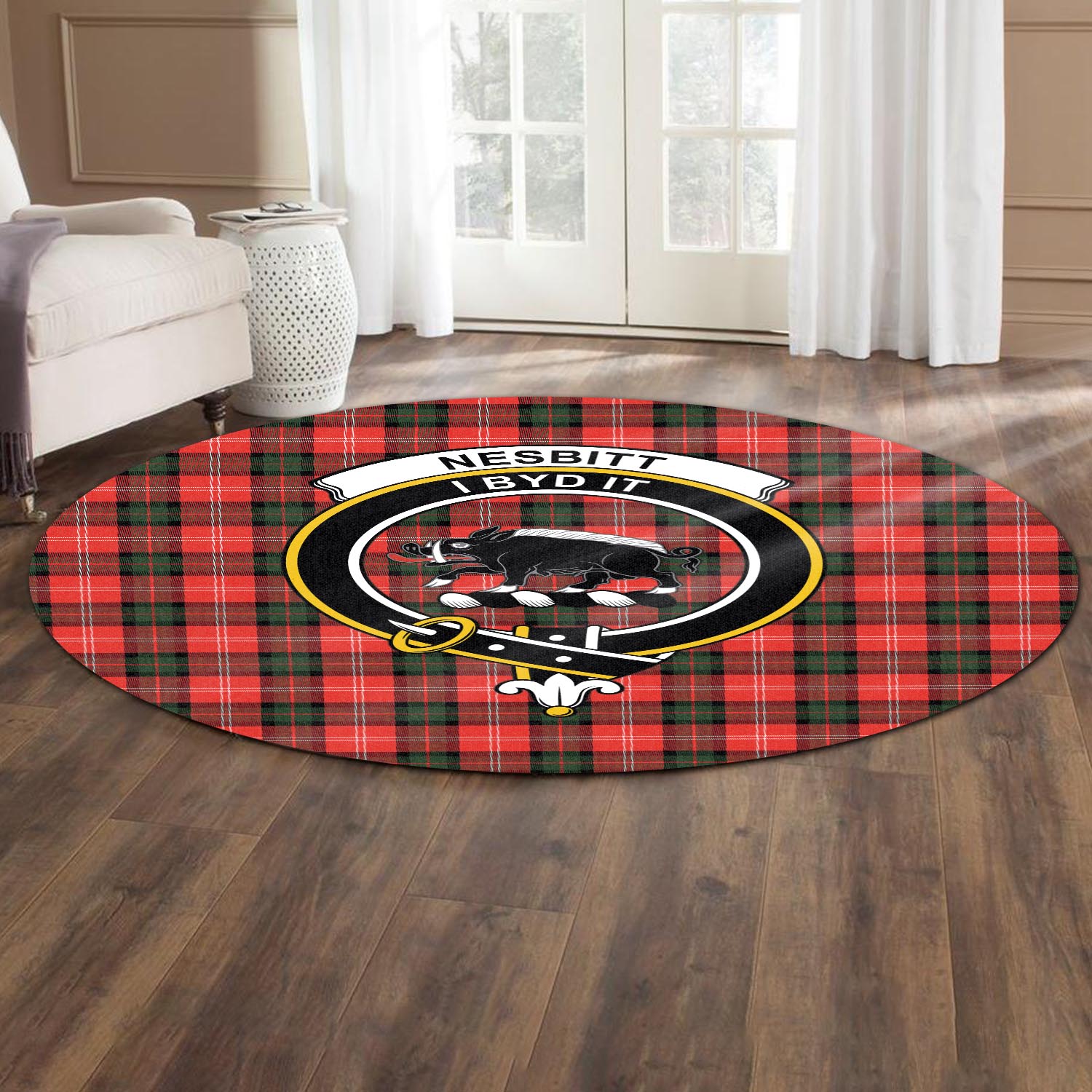 nesbitt-modern-tartan-round-rug-with-family-crest