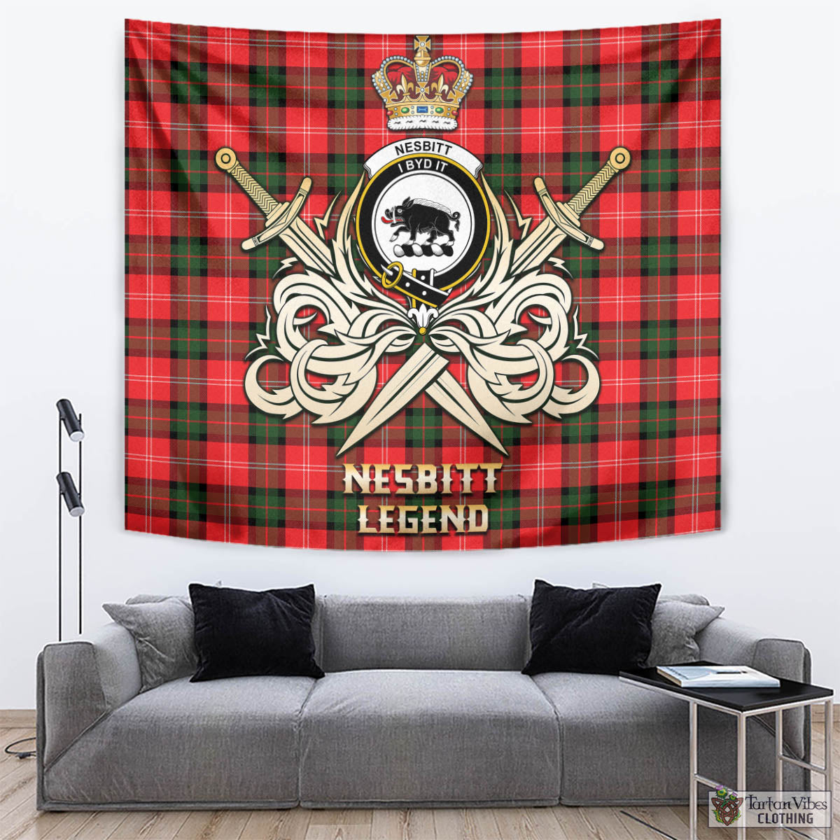 Tartan Vibes Clothing Nesbitt Modern Tartan Tapestry with Clan Crest and the Golden Sword of Courageous Legacy