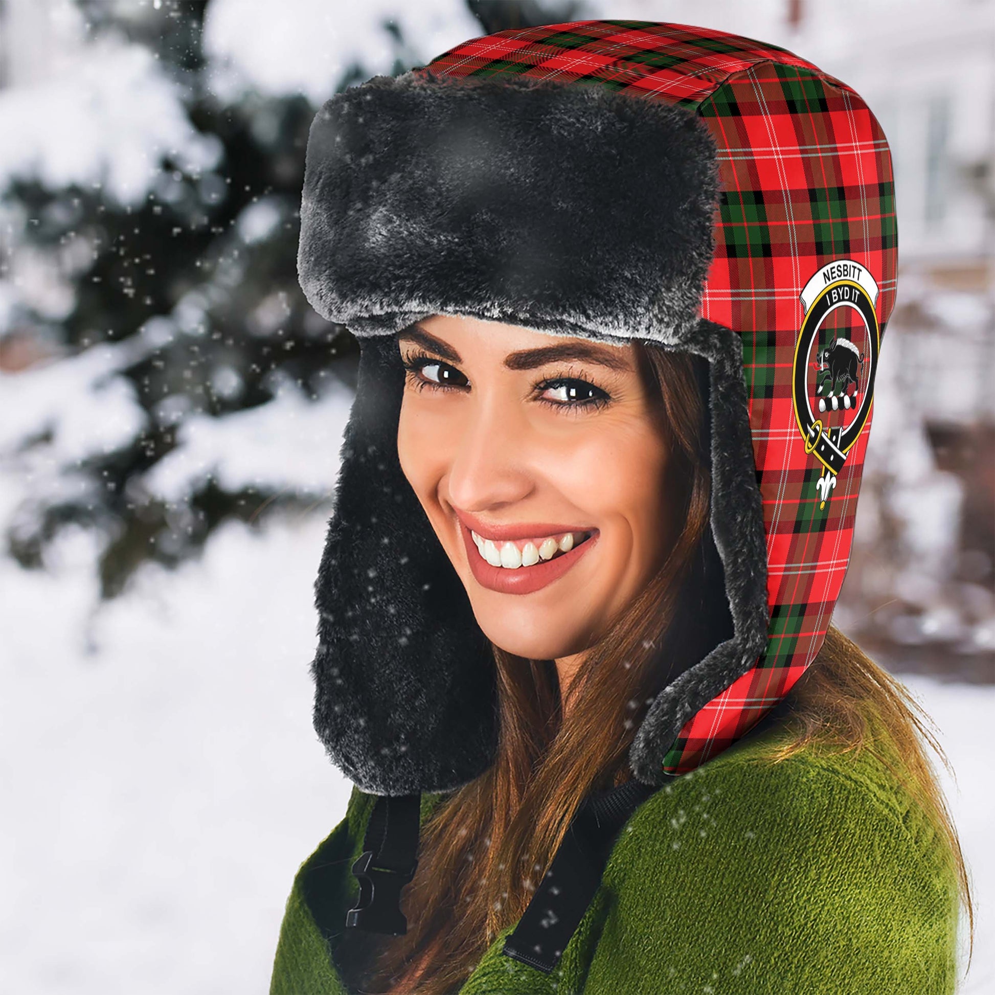 Nesbitt Modern Tartan Winter Trapper Hat with Family Crest - Tartanvibesclothing