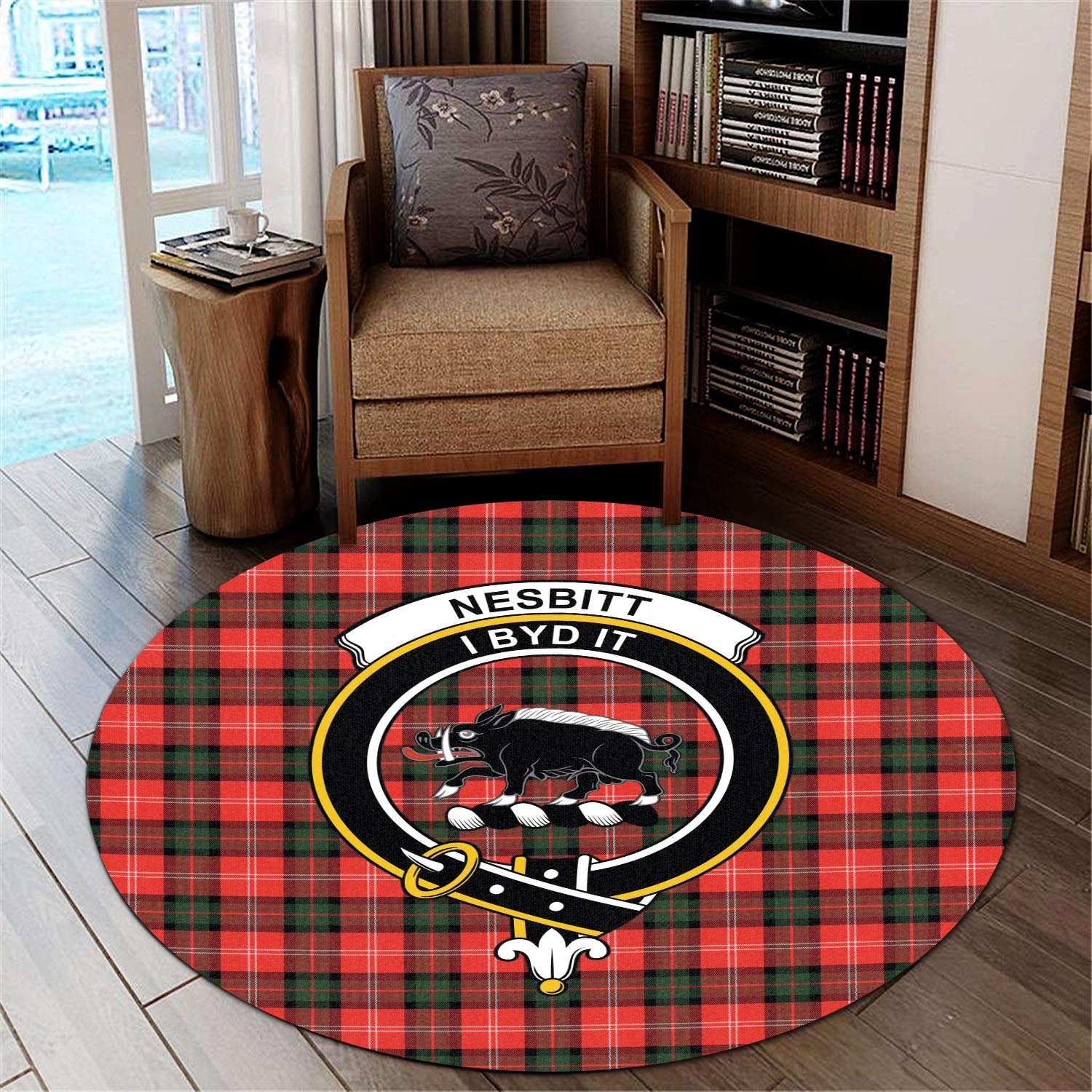 nesbitt-modern-tartan-round-rug-with-family-crest