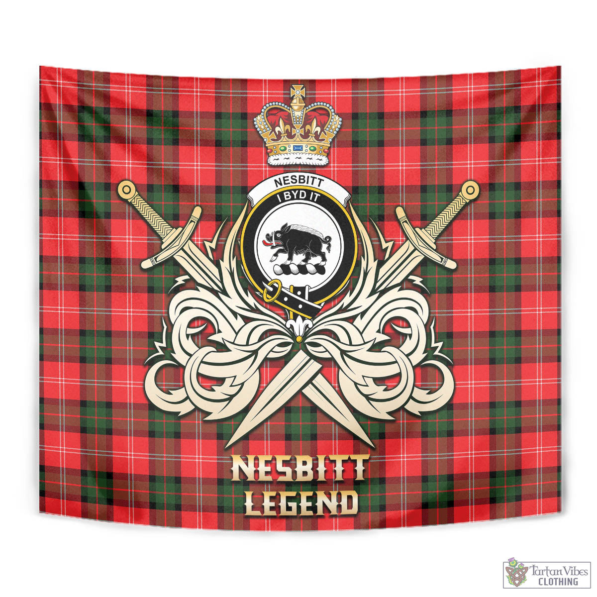 Tartan Vibes Clothing Nesbitt Modern Tartan Tapestry with Clan Crest and the Golden Sword of Courageous Legacy