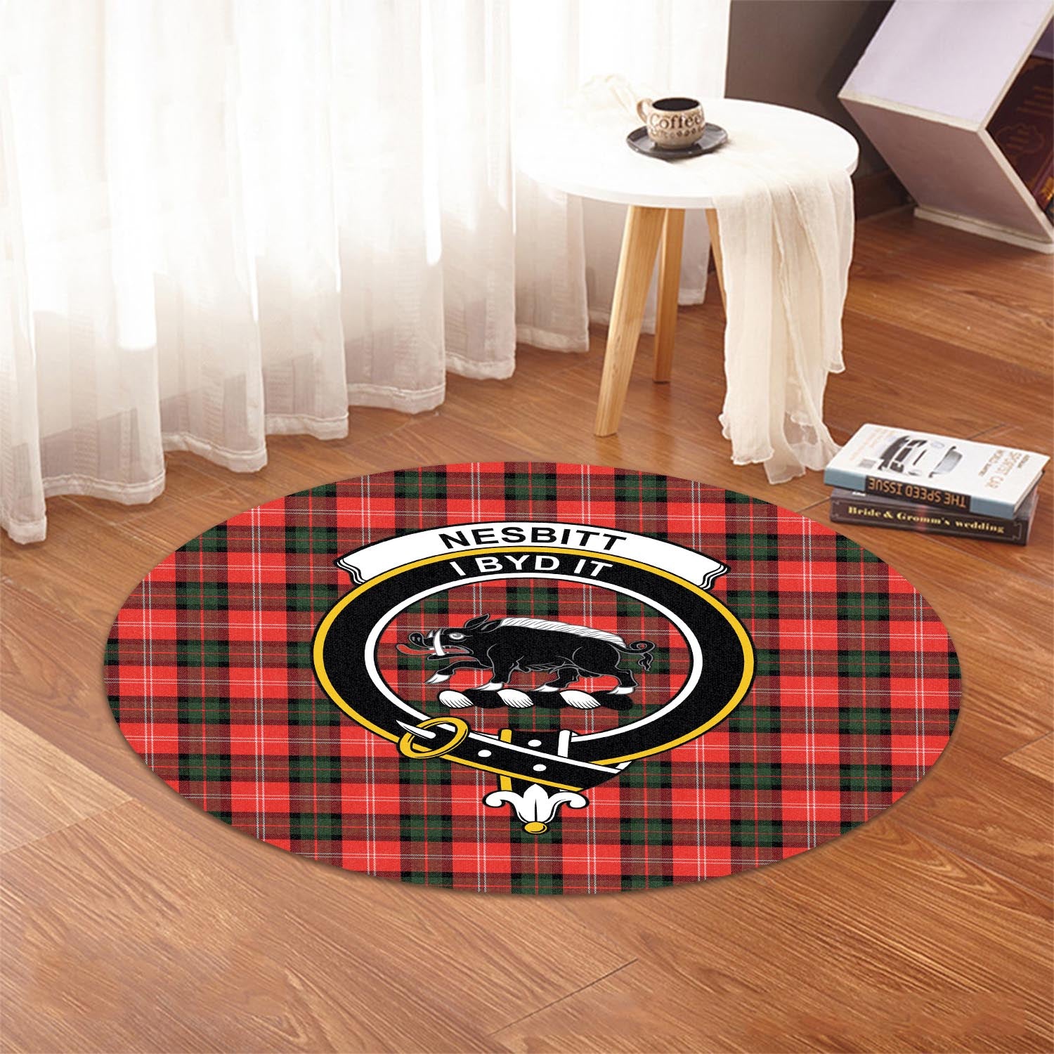 nesbitt-modern-tartan-round-rug-with-family-crest