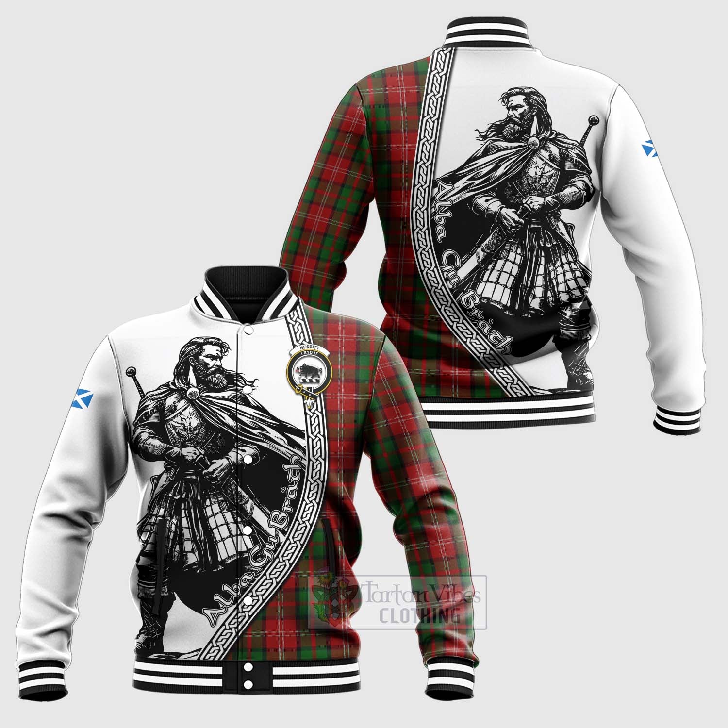 Tartan Vibes Clothing Nesbitt (Nisbet) Tartan Clan Crest Baseball Jacket with Highlander Warrior Celtic Style