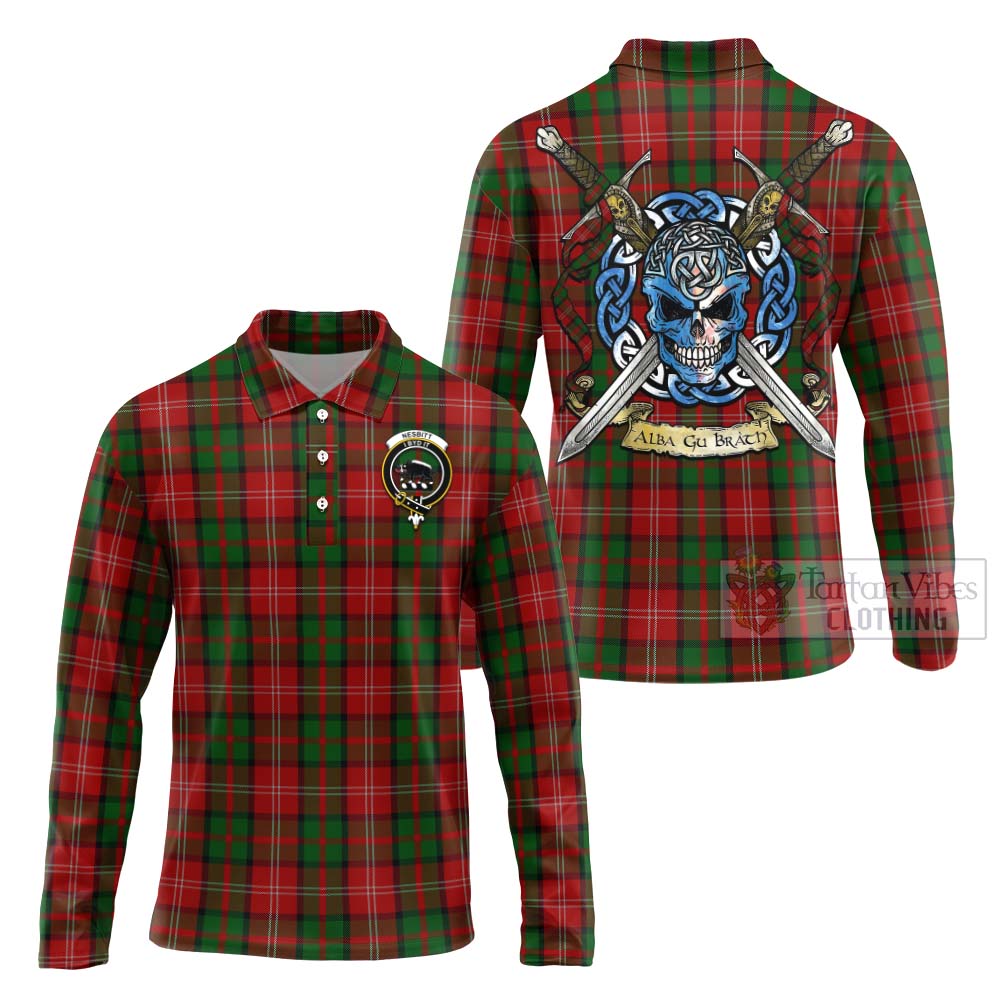 Tartan Vibes Clothing Nesbitt (Nisbet) Tartan Long Sleeve Polo Shirt with Family Crest Celtic Skull Style