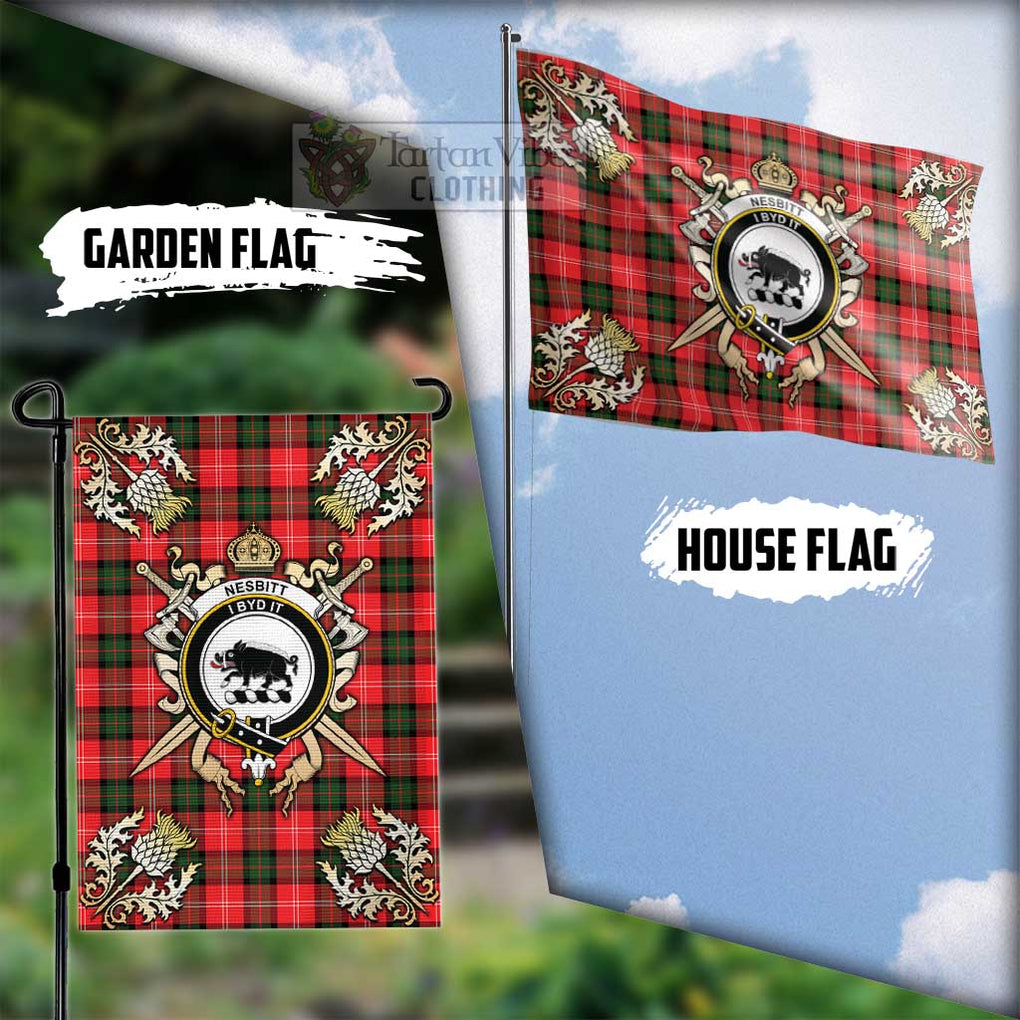 Tartan Vibes Clothing Nesbitt (Nisbet) Tartan Flag with Family Crest and Golden Thistle Crossed Sword Design