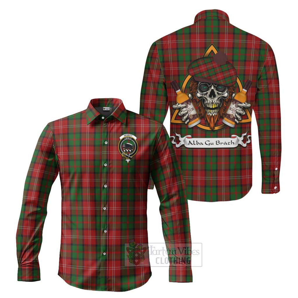 Tartan Vibes Clothing Nesbitt (Nisbet) Tartan Long Sleeve Button Shirt with Family Crest and Bearded Skull Holding Bottles of Whiskey