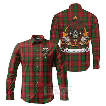 Nesbitt (Nisbet) Tartan Long Sleeve Button Shirt with Family Crest and Bearded Skull Holding Bottles of Whiskey