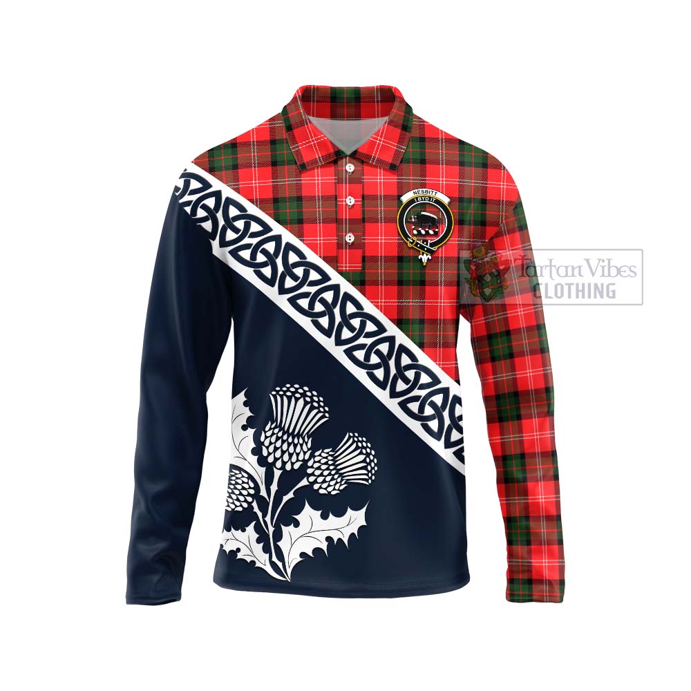 Tartan Vibes Clothing Nesbitt (Nisbet) Tartan Long Sleeve Polo Shirt Featuring Thistle and Scotland Map