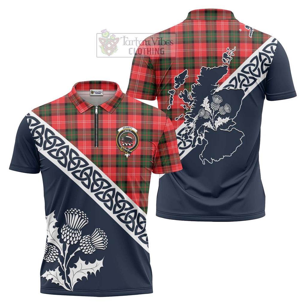 Tartan Vibes Clothing Nesbitt (Nisbet) Tartan Zipper Polo Shirt Featuring Thistle and Scotland Map