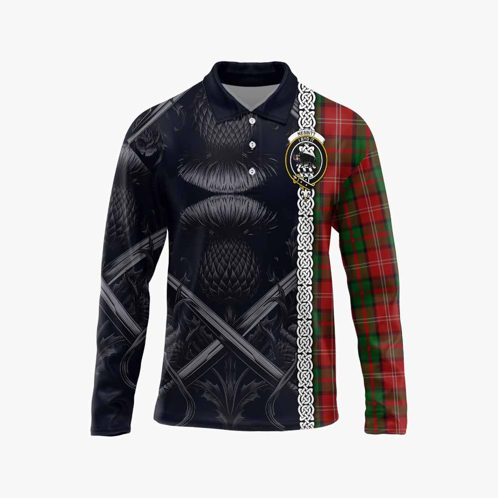 Tartan Vibes Clothing Nesbitt (Nisbet) Tartan Long Sleeve Polo Shirt with Family Crest Cross Sword Thistle Celtic Vibes