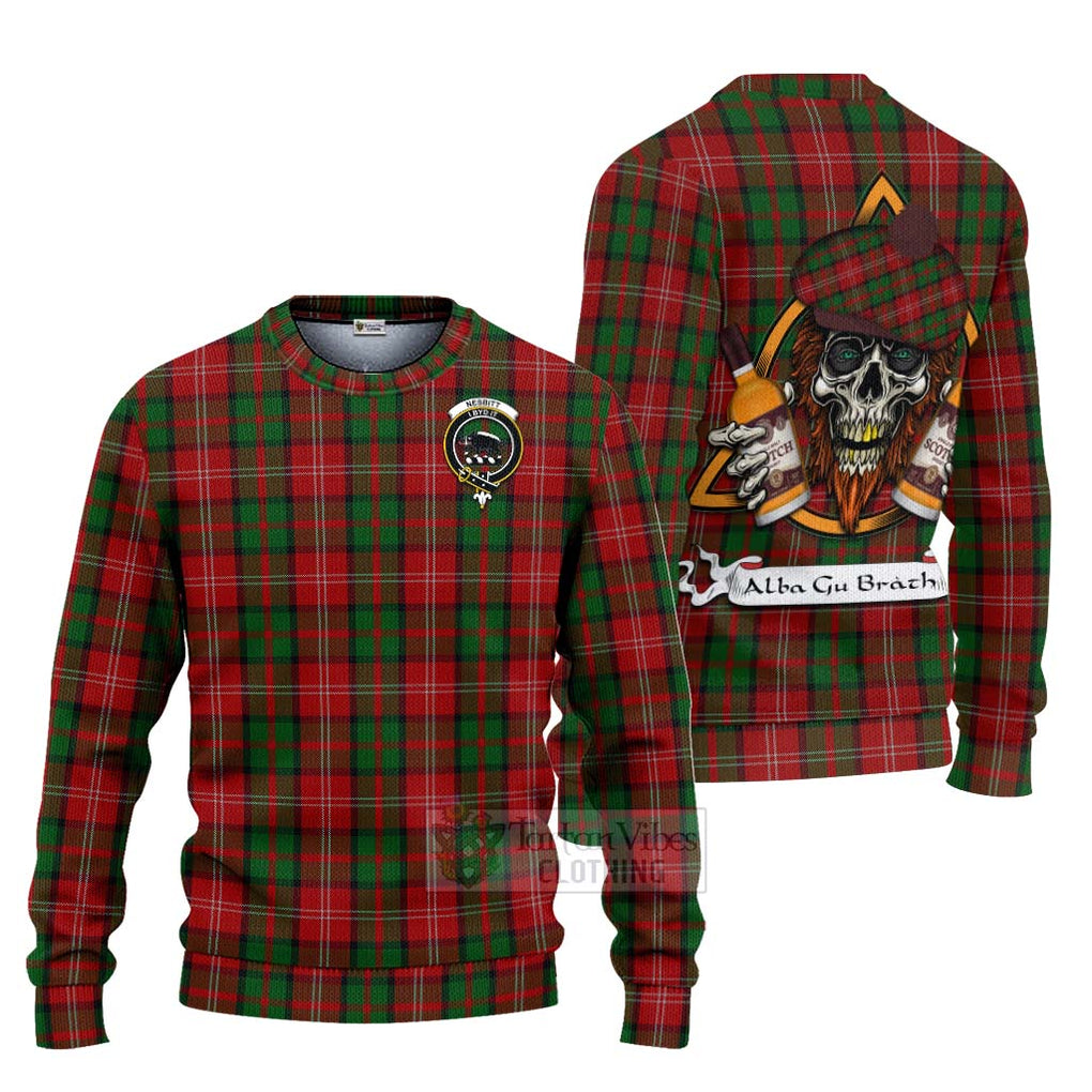 Tartan Vibes Clothing Nesbitt (Nisbet) Tartan Knitted Sweater with Family Crest and Bearded Skull Holding Bottles of Whiskey