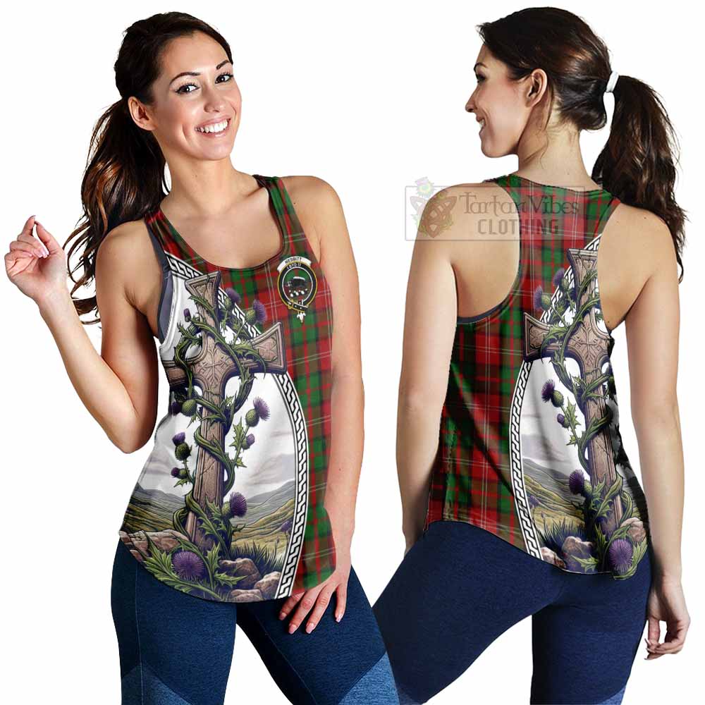 Tartan Vibes Clothing Nesbitt (Nisbet) Tartan Women's Racerback Tanks with Family Crest and St. Andrew's Cross Accented by Thistle Vines