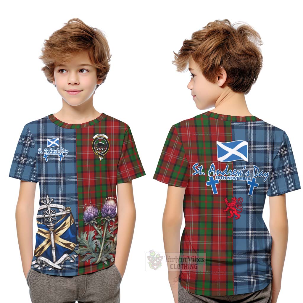 Tartan Vibes Clothing Nesbitt (Nisbet) Tartan Kid T-Shirt Happy St. Andrew's Day Half Tartan Style