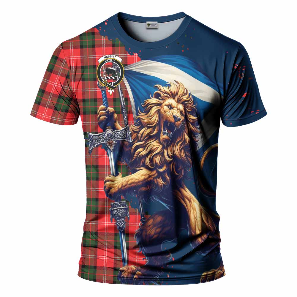 Tartan Vibes Clothing Nesbitt (Nisbet) Tartan Family Crest T-Shirt with Scottish Majestic Lion