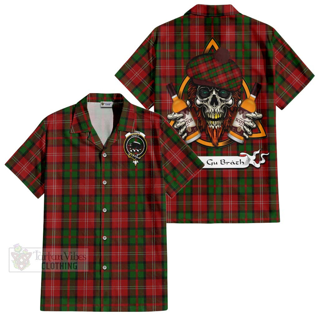 Tartan Vibes Clothing Nesbitt (Nisbet) Tartan Short Sleeve Button Shirt with Family Crest and Bearded Skull Holding Bottles of Whiskey