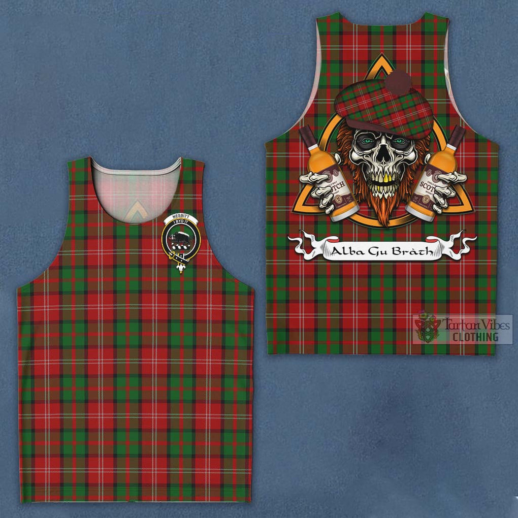 Tartan Vibes Clothing Nesbitt (Nisbet) Tartan Men's Tank Top with Family Crest and Bearded Skull Holding Bottles of Whiskey