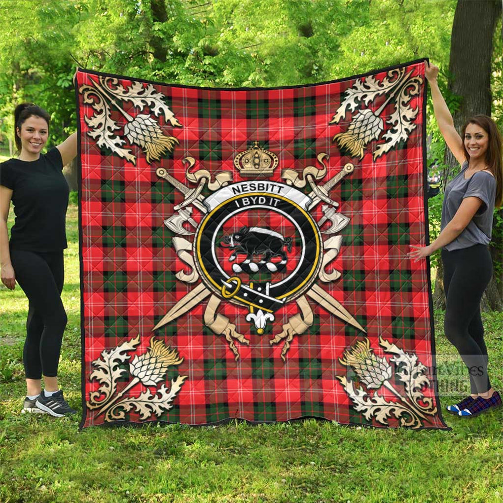 Tartan Vibes Clothing Nesbitt (Nisbet) Tartan Quilt with Family Crest and Scottish Golden Courage Shield