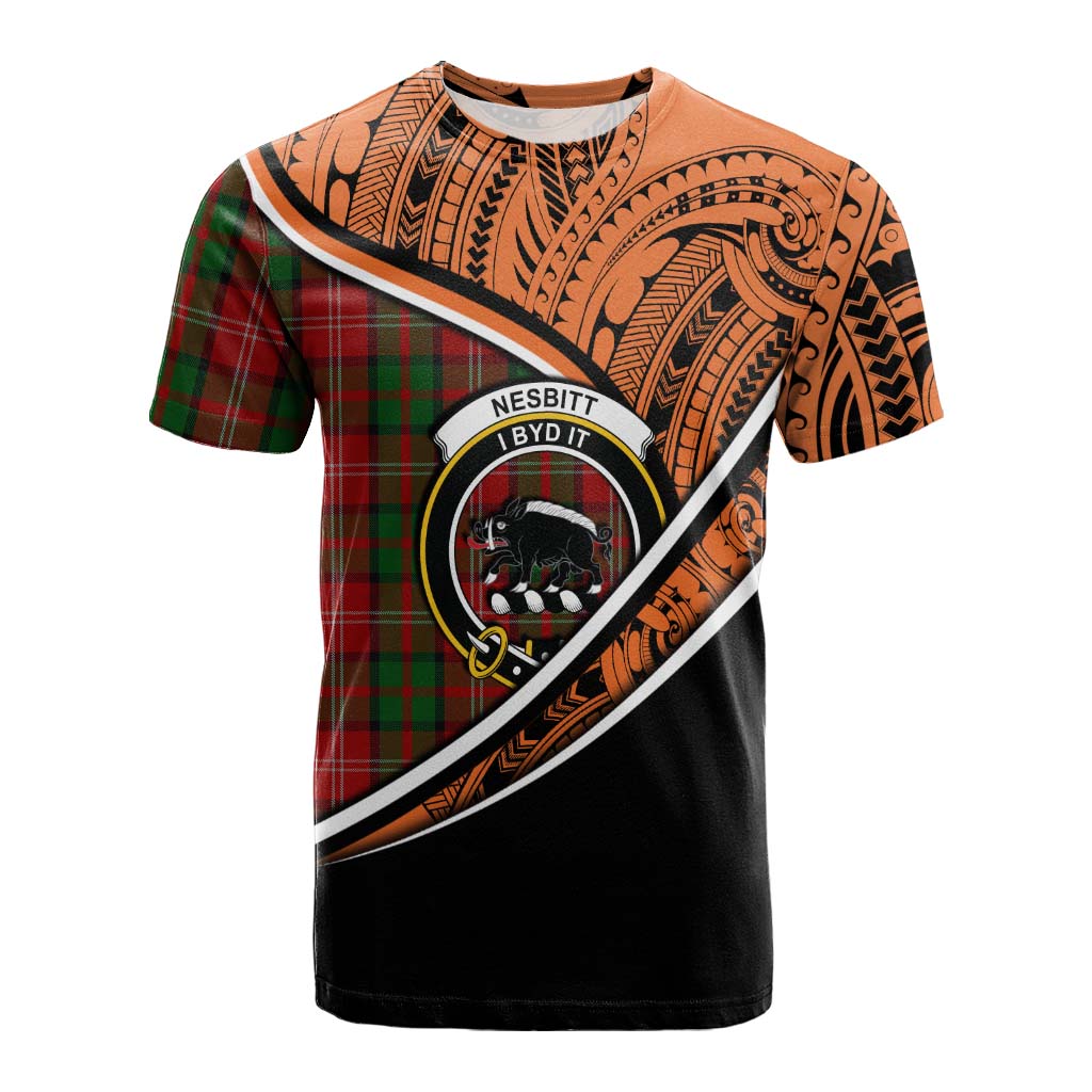 Tartan Vibes Clothing Nesbitt (Nisbet) Crest Tartan Cotton T-shirt with Maori Tattoo Style - Orange Version