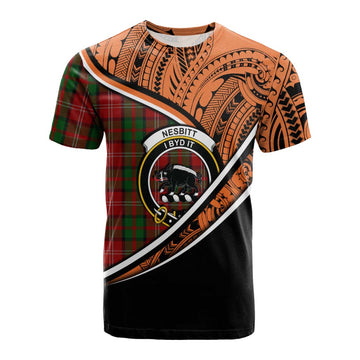 Nesbitt (Nisbet) Crest Tartan Cotton T-shirt with Polynesian Vibes Style - Orange Version