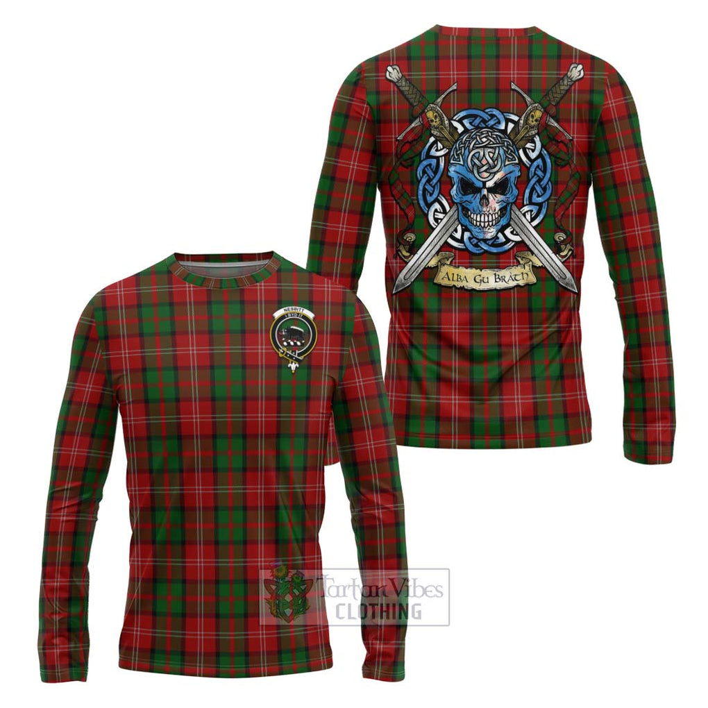 Tartan Vibes Clothing Nesbitt (Nisbet) Tartan Long Sleeve T-Shirt with Family Crest Celtic Skull Style