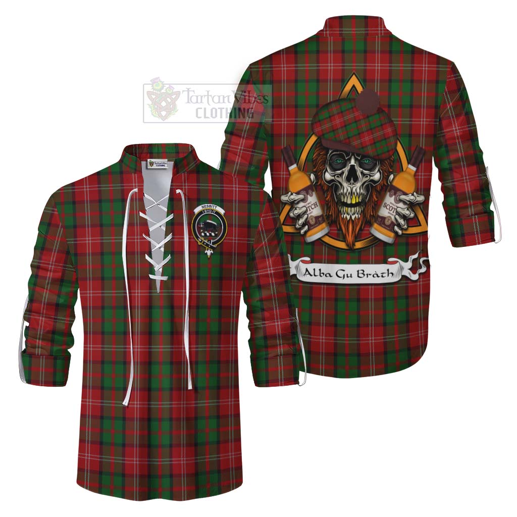 Tartan Vibes Clothing Nesbitt (Nisbet) Tartan Ghillie Kilt Shirt with Family Crest and Bearded Skull Holding Bottles of Whiskey