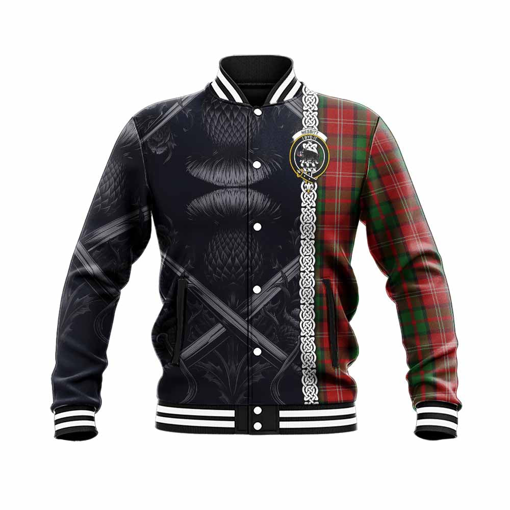 Tartan Vibes Clothing Nesbitt (Nisbet) Tartan Baseball Jacket with Family Crest Cross Sword Thistle Celtic Vibes