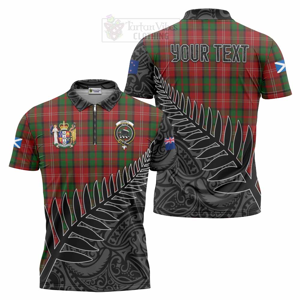 Tartan Vibes Clothing Nesbitt (Nisbet) Crest Tartan Zipper Polo Shirt with New Zealand Silver Fern Half Style