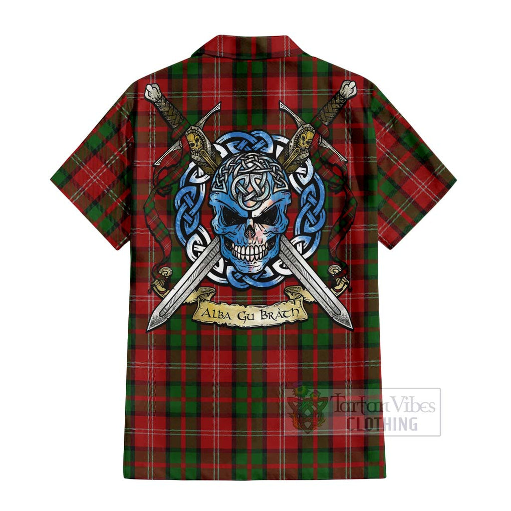 Tartan Vibes Clothing Nesbitt (Nisbet) Tartan Short Sleeve Button Shirt with Family Crest Celtic Skull Style