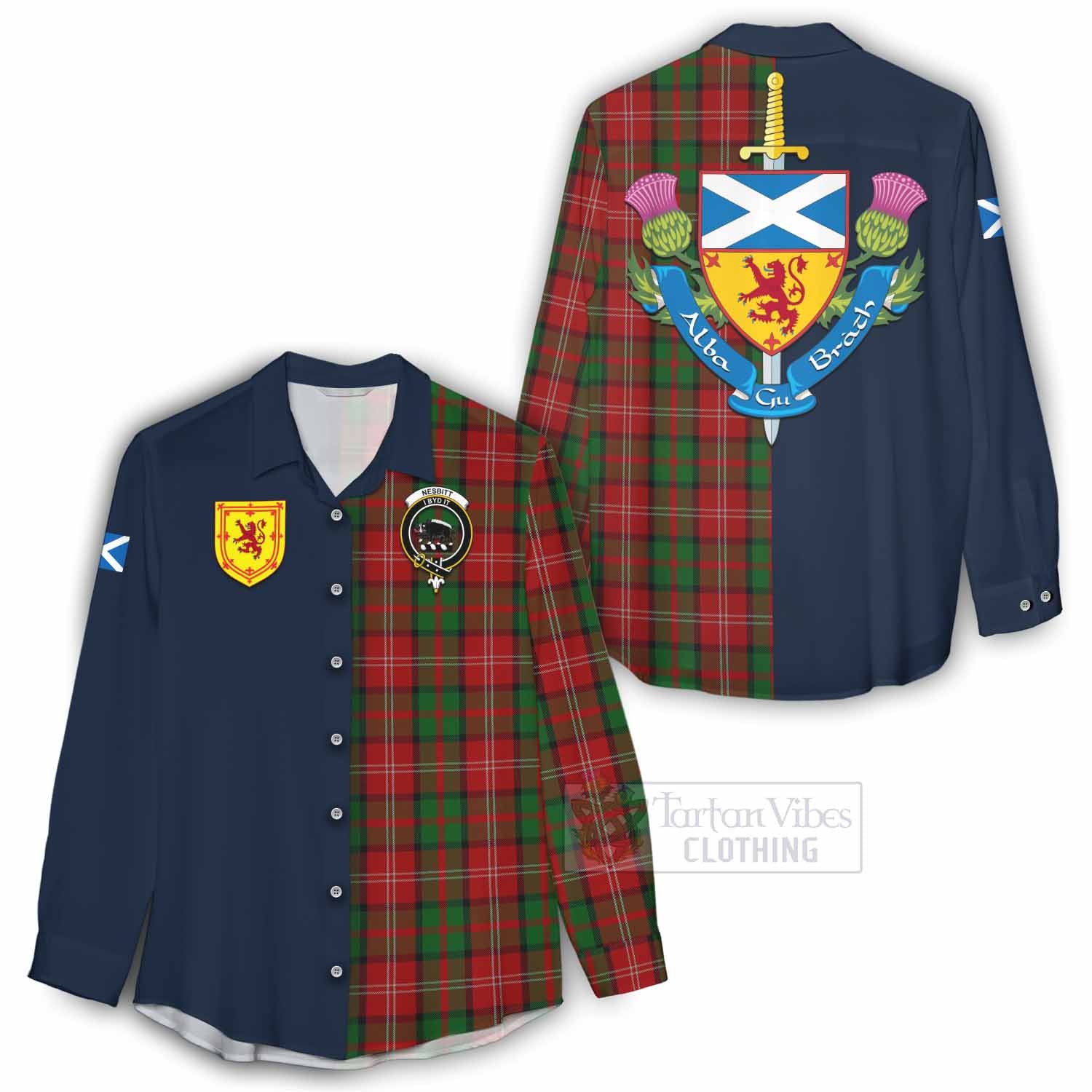 Tartan Vibes Clothing Nesbitt (Nisbet) Tartan Women's Casual Shirt Alba with Scottish Lion Royal Arm Half Style