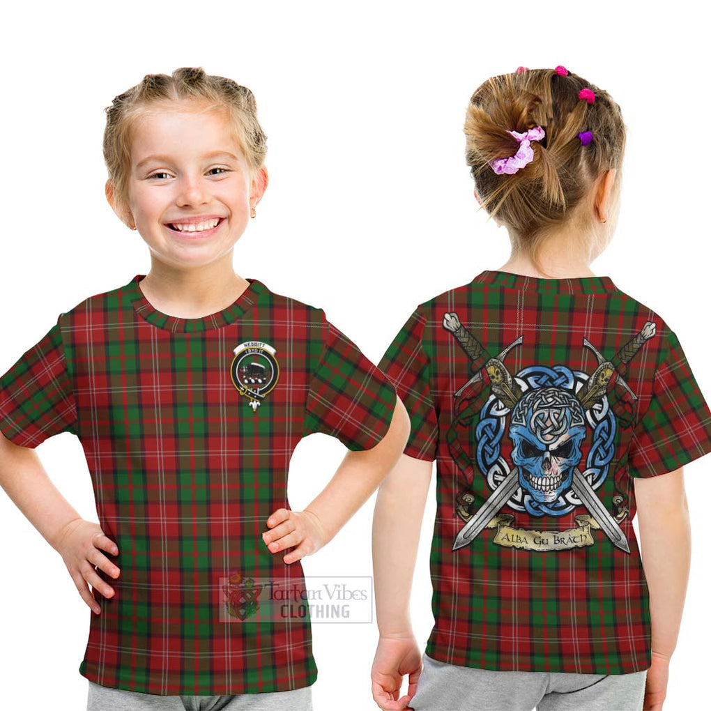 Tartan Vibes Clothing Nesbitt (Nisbet) Tartan Kid T-Shirt with Family Crest Celtic Skull Style