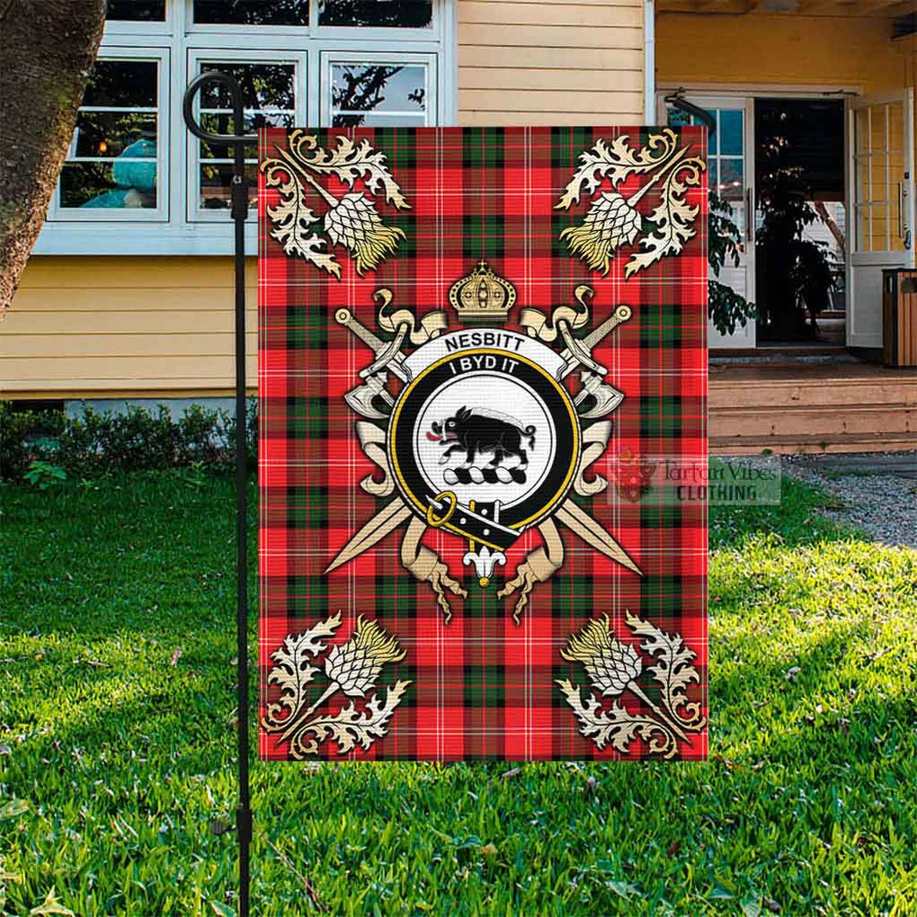 Tartan Vibes Clothing Nesbitt (Nisbet) Tartan Flag with Family Crest and Golden Thistle Crossed Sword Design