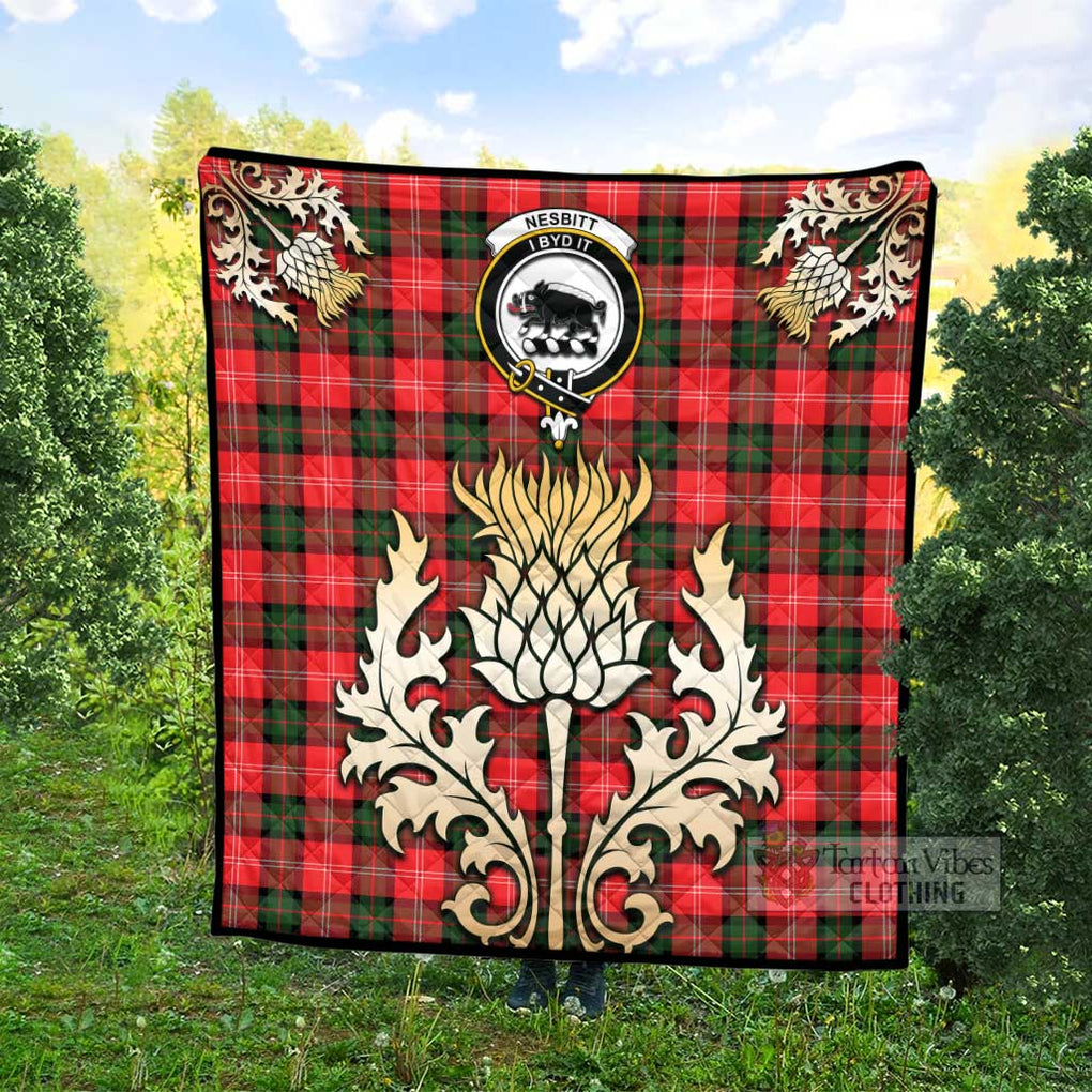 Tartan Vibes Clothing Nesbitt (Nisbet) Tartan Quilt with Family Crest and Golden Thistle Style