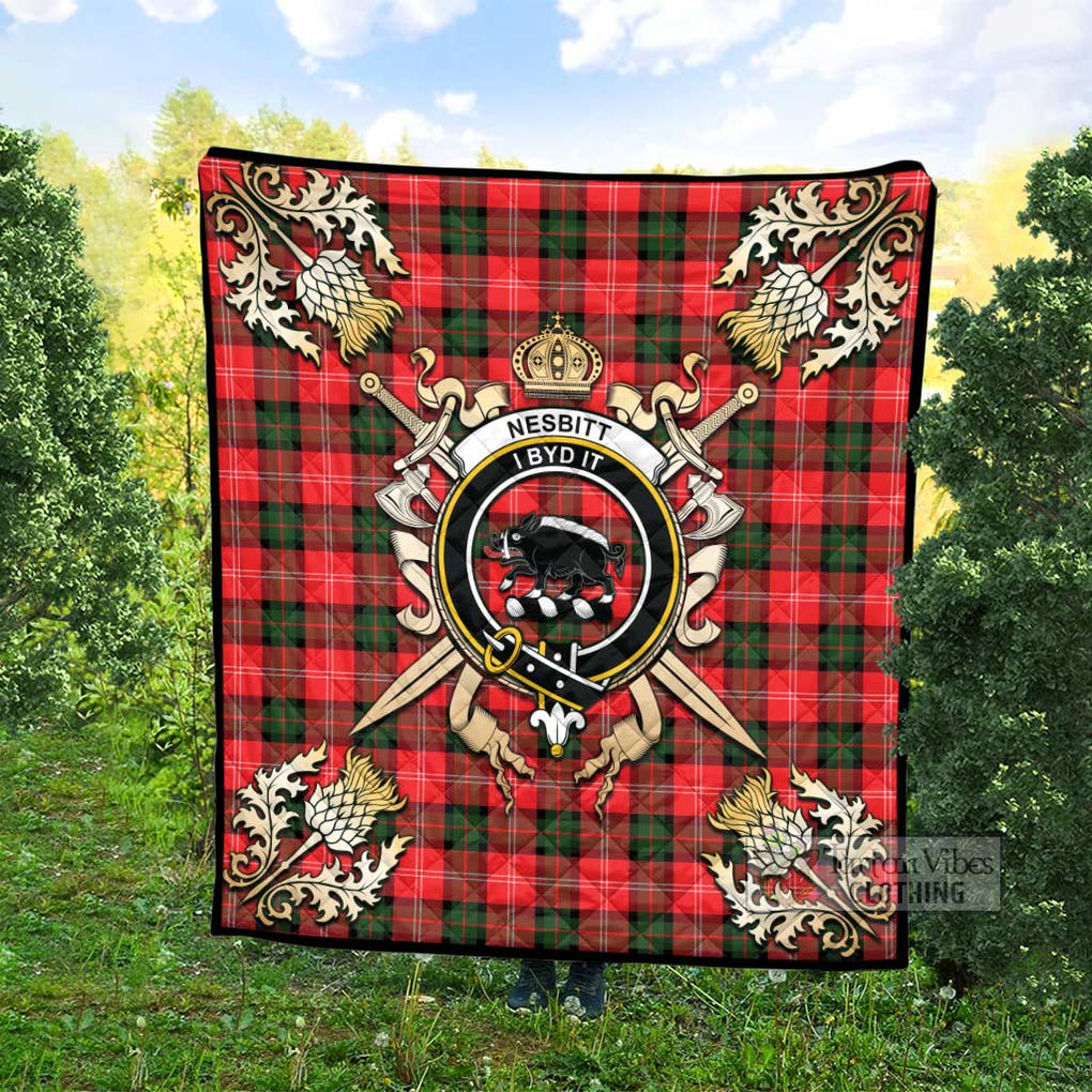 Tartan Vibes Clothing Nesbitt (Nisbet) Tartan Quilt with Family Crest and Scottish Golden Courage Shield