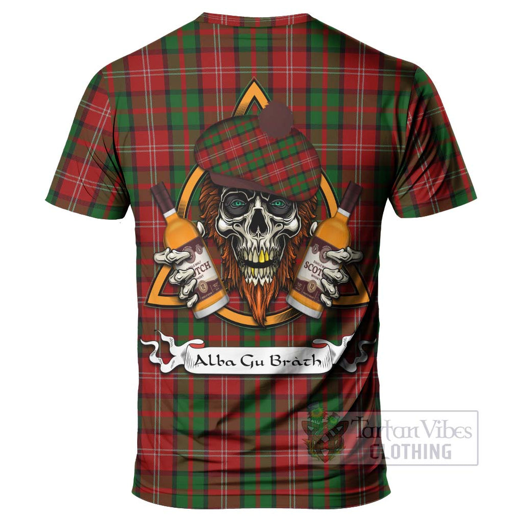 Tartan Vibes Clothing Nesbitt (Nisbet) Tartan T-Shirt with Family Crest and Bearded Skull Holding Bottles of Whiskey