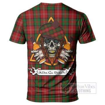 Nesbitt (Nisbet) Tartan T-Shirt with Family Crest and Bearded Skull Holding Bottles of Whiskey