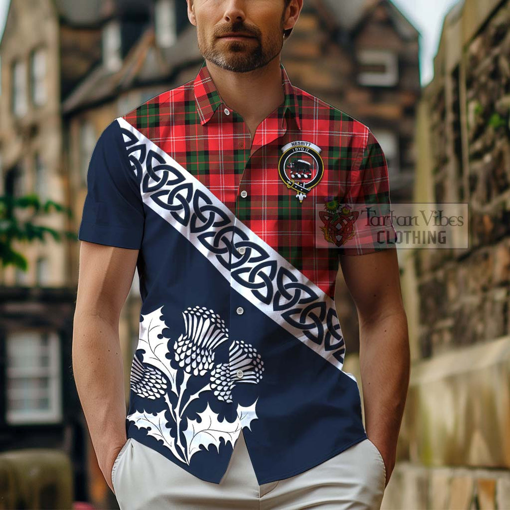 Tartan Vibes Clothing Nesbitt (Nisbet) Tartan Short Sleeve Button Shirt Featuring Thistle and Scotland Map