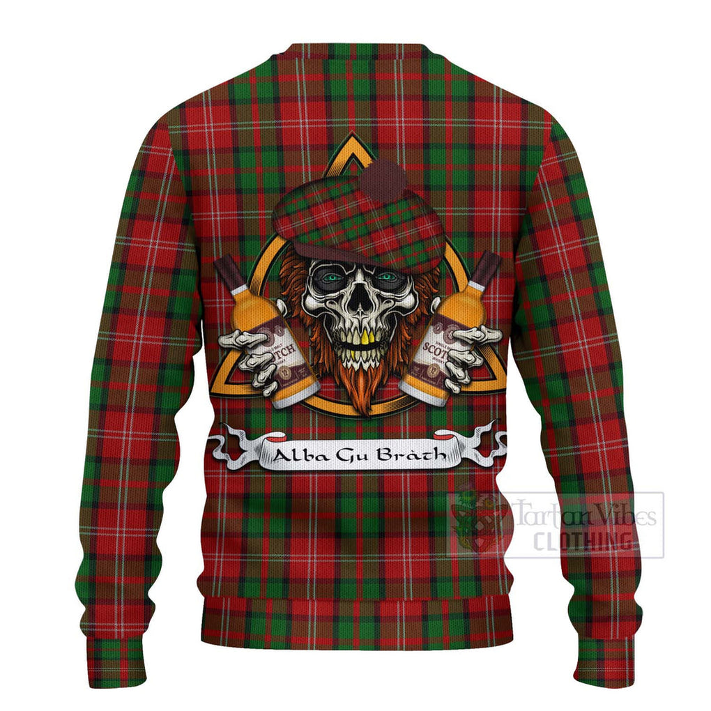 Tartan Vibes Clothing Nesbitt (Nisbet) Tartan Knitted Sweater with Family Crest and Bearded Skull Holding Bottles of Whiskey