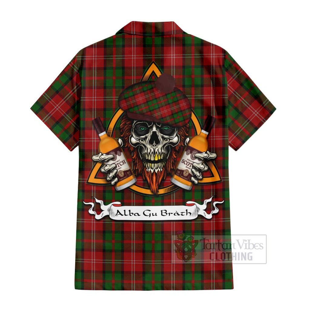 Tartan Vibes Clothing Nesbitt (Nisbet) Tartan Short Sleeve Button Shirt with Family Crest and Bearded Skull Holding Bottles of Whiskey