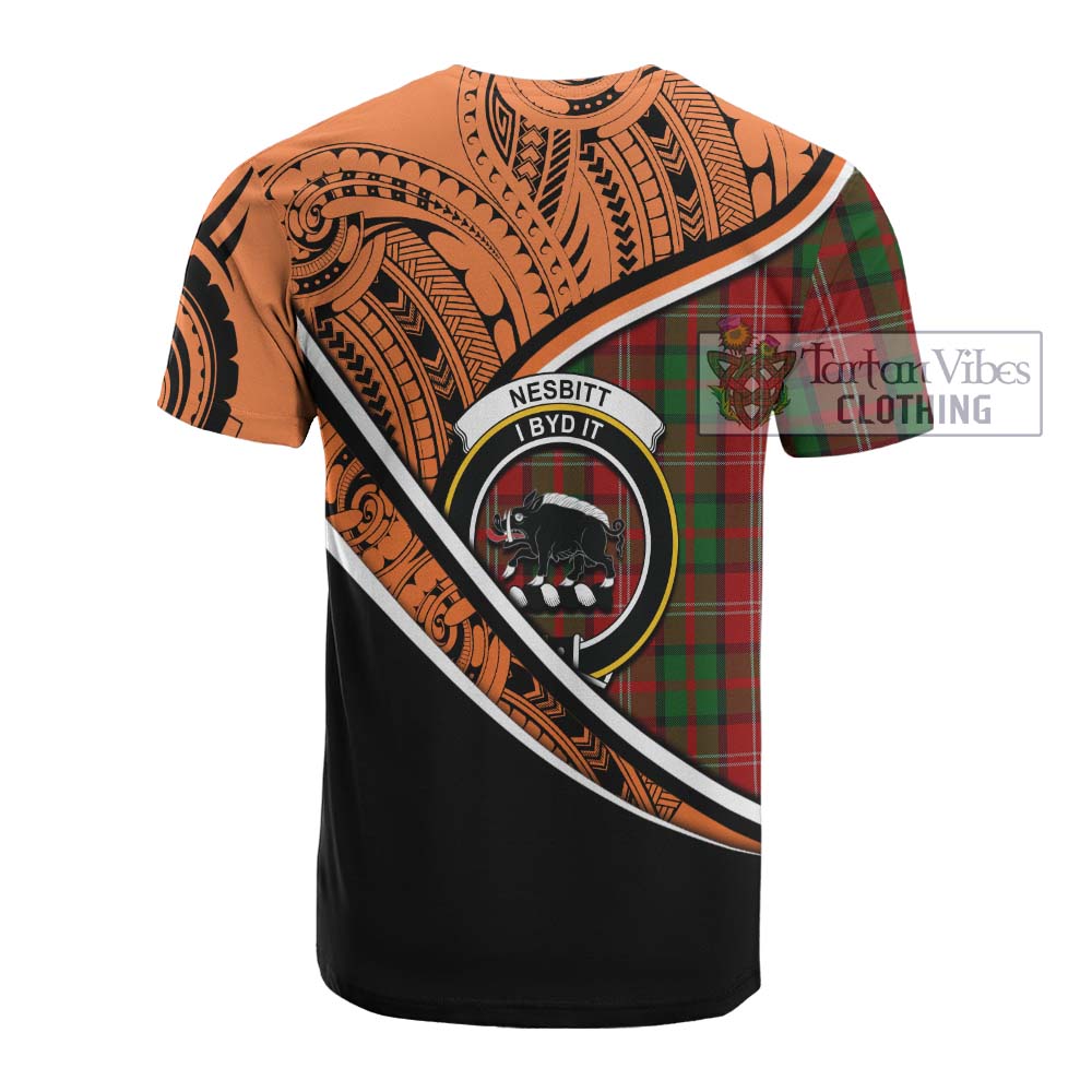 Tartan Vibes Clothing Nesbitt (Nisbet) Crest Tartan Cotton T-shirt with Maori Tattoo Style - Orange Version